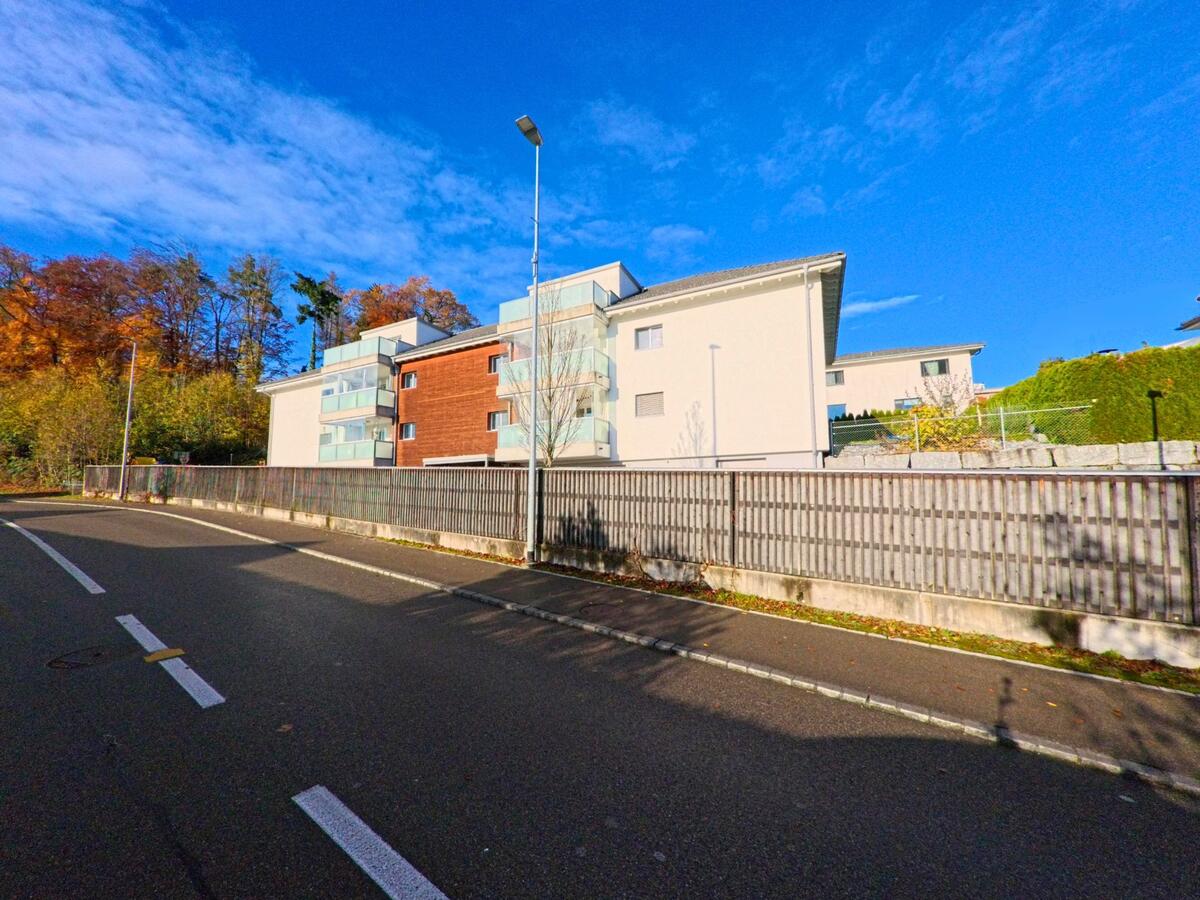Entlang der Strasse in Münchwilen (9542, Kanton Thurgau) stehen moderne Mehrfamilienhäuser mit Balkonen hinter einem langen Zaun vor buntem Herbstwald.