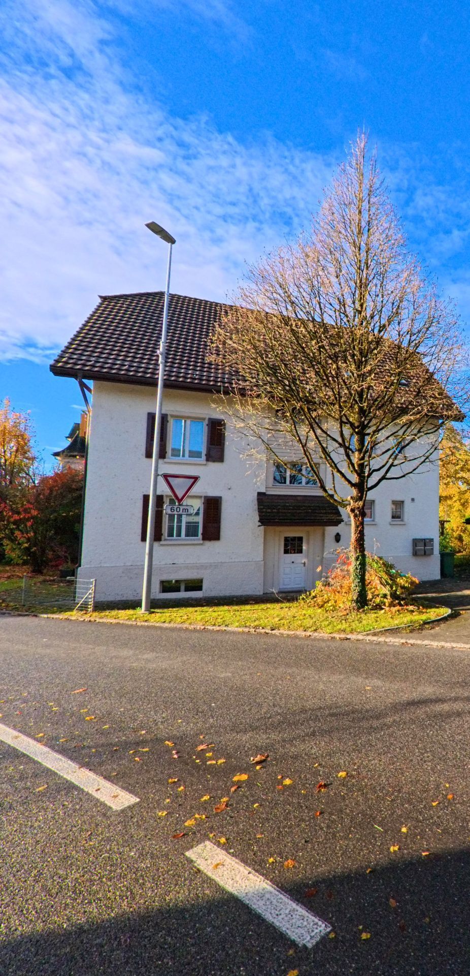 An einer ruhigen Ecke in Münchwilen (9542, Kanton Thurgau) steht ein helles Wohnhaus mit dunklem Ziegeldach neben einem kahlen Baum und einer Strassenlaterne.