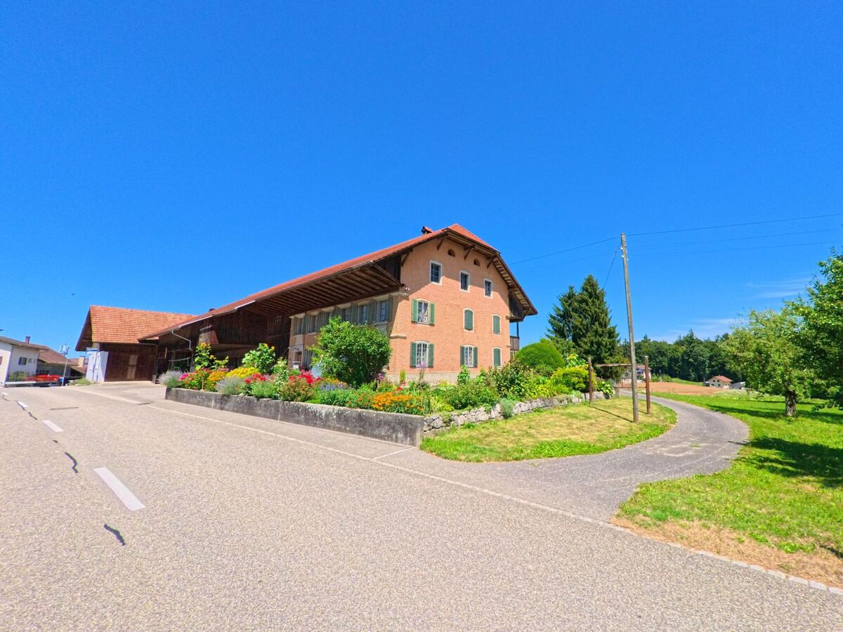 In Murgenthal (4856, Kanton Aargau) steht ein traditioneller Bauernhof mit Blumenbeet und angrenzendem Wiesenweg in einer ruhigen, laendlichen Umgebung.
