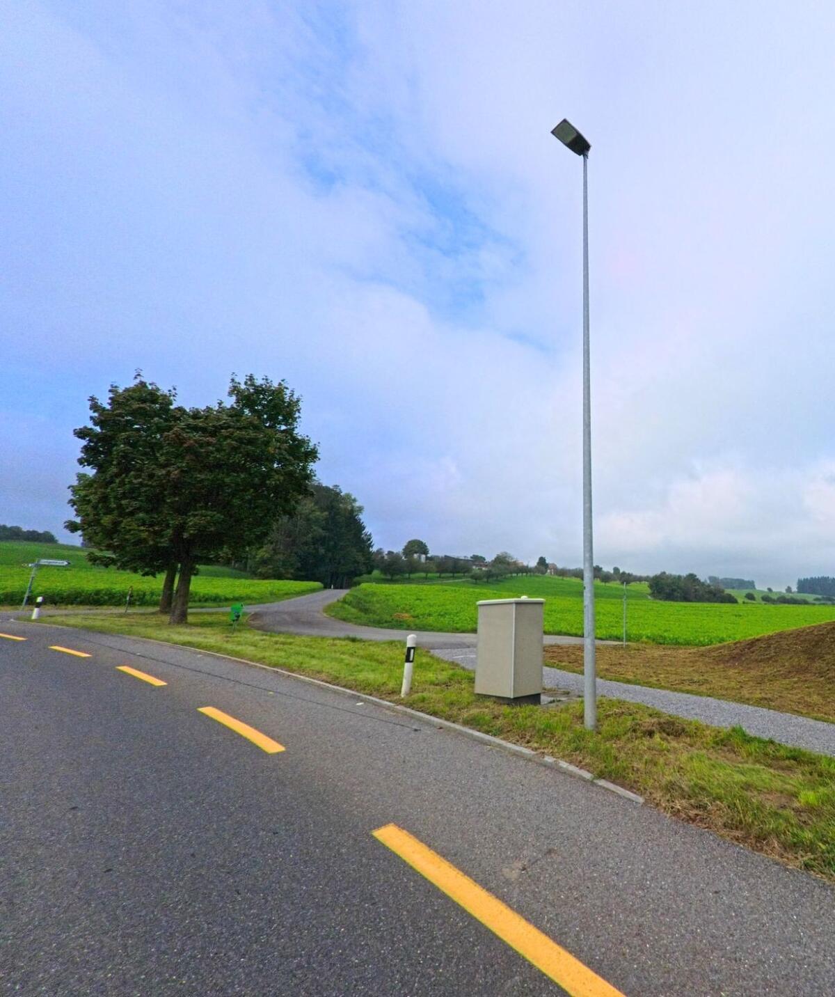 Ein Einfamilienhaus mit gepflegtem Vorgarten steht an einer leicht gekruemmten Strasse in Muri (5630, Kanton Aargau), umgeben von Baeumen und Straeuchern.