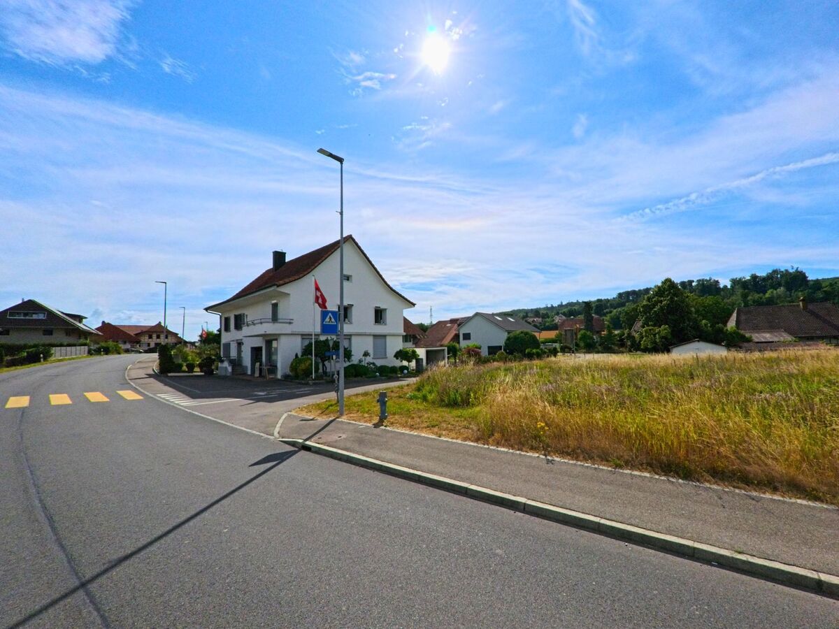 Am Rand eines Wohngebiets in Murten (3285, Kanton Freiburg) steht ein Einfamilienhaus mit Schweizer Fahne, daneben verläuft eine Strasse mit Zebrastreifen und angrenzender Wiese.