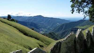 Über den grünen Hängen von Breggia (6838, Kanton Tessin) öffnet sich der Blick auf das Muggio-Tal mit bewaldeten Bergen und verstreuten Häusern.