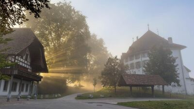 Im Morgennebel von Muensingen (3110, Kanton Bern) faellt sanftes Sonnenlicht auf das historische Gebaeude des Museums Schloss Muensingen und ein angrenzendes Fachwerkhaus.