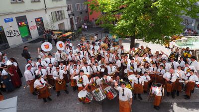 Der Musikverein Harmonie Adliswil (8134, Kanton Zürich) steht in traditioneller Uniform auf einem Platz und posiert fröhlich mit Instrumenten für ein Gruppenfoto.