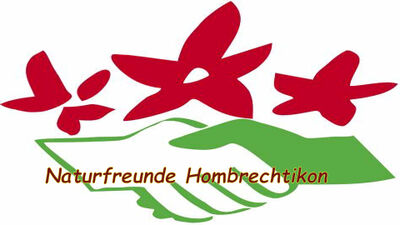 In Hombrechtikon (8634, Kanton Zuerich) zeigt das Bild das Logo der Naturfreunde Hombrechtikon mit roten stilisierten Blumen und einem gru­nen Handschlag.