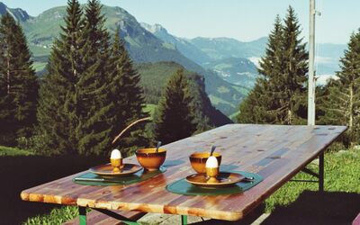 In Zug (6300, Kanton Zug) steht auf einer Wiese vor alpiner Kulisse ein Holzpicknicktisch der Naturfreunde Zug, auf dem drei einfache Frühstückssets mit Eiern bereitstehen.