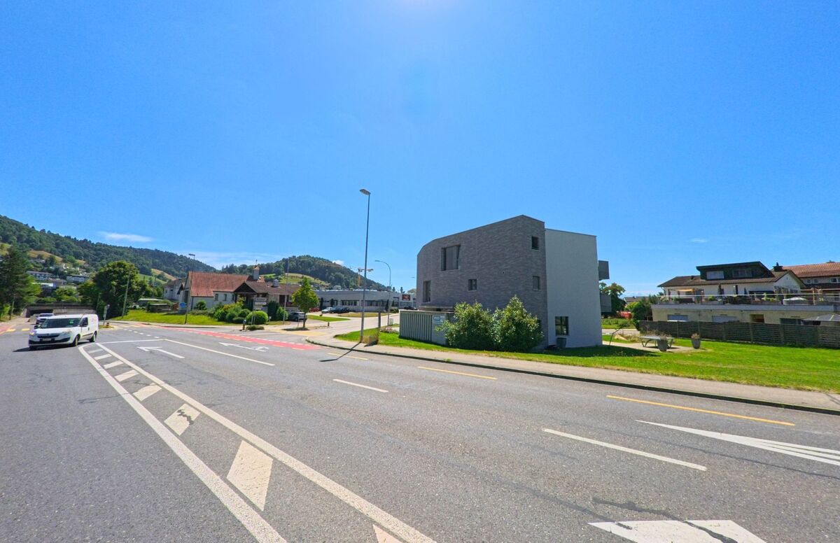 Entlang einer Hauptstrasse in Nebikon (PLZ 6244, Kanton Luzern) stehen moderne Wohnhaeuser und Einzelbauten vor einer huegeligen Landschaft mit Wald.
