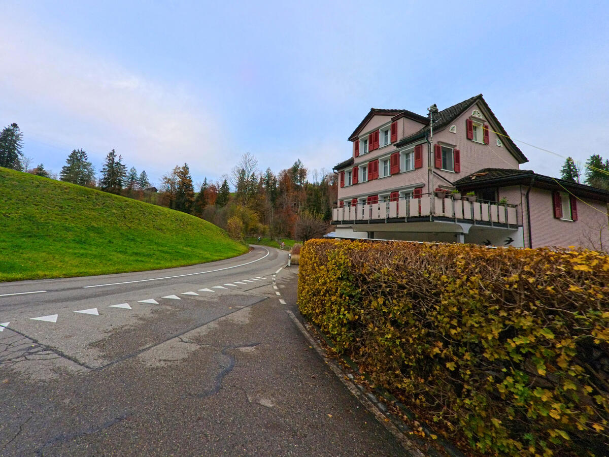 An einer leicht ansteigenden Strasse befindet sich ein Wohnhaus mit Hecke in Neckertal (9122, Kanton St. Gallen).