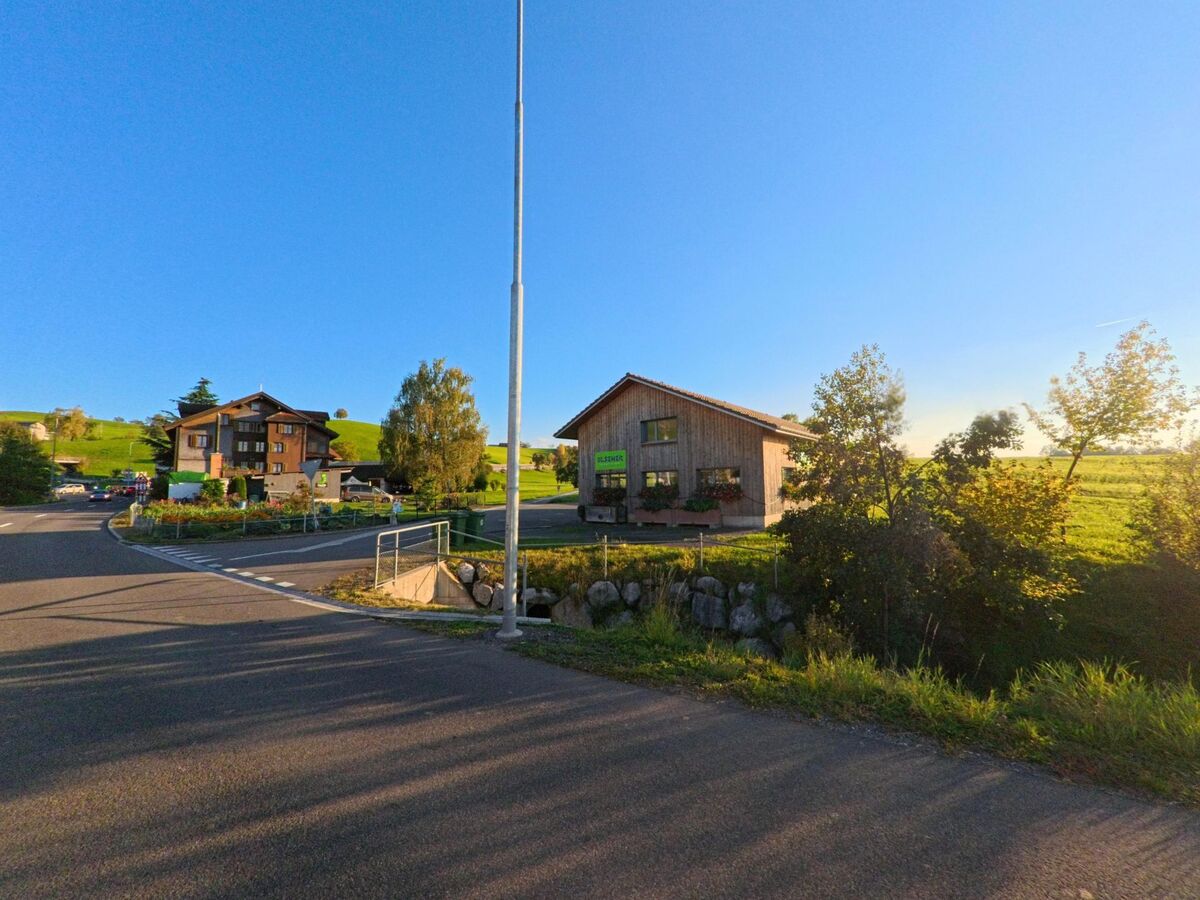 In Neuheim (6345, Kanton Zug) stehen zwei Holzbauten an einer ruhigen Strasse, umgeben von weiten Wiesen, die im warmen Abendlicht liegen.