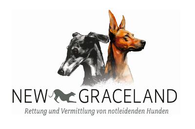 Das Logo von New Graceland aus Waltenschwil (5622, Kanton Aargau) zeigt zwei stilisierte Hundeköpfe über dem Schriftzug New Graceland und dem Hinweis zur Rettung und Vermittlung notleidender Hunde.