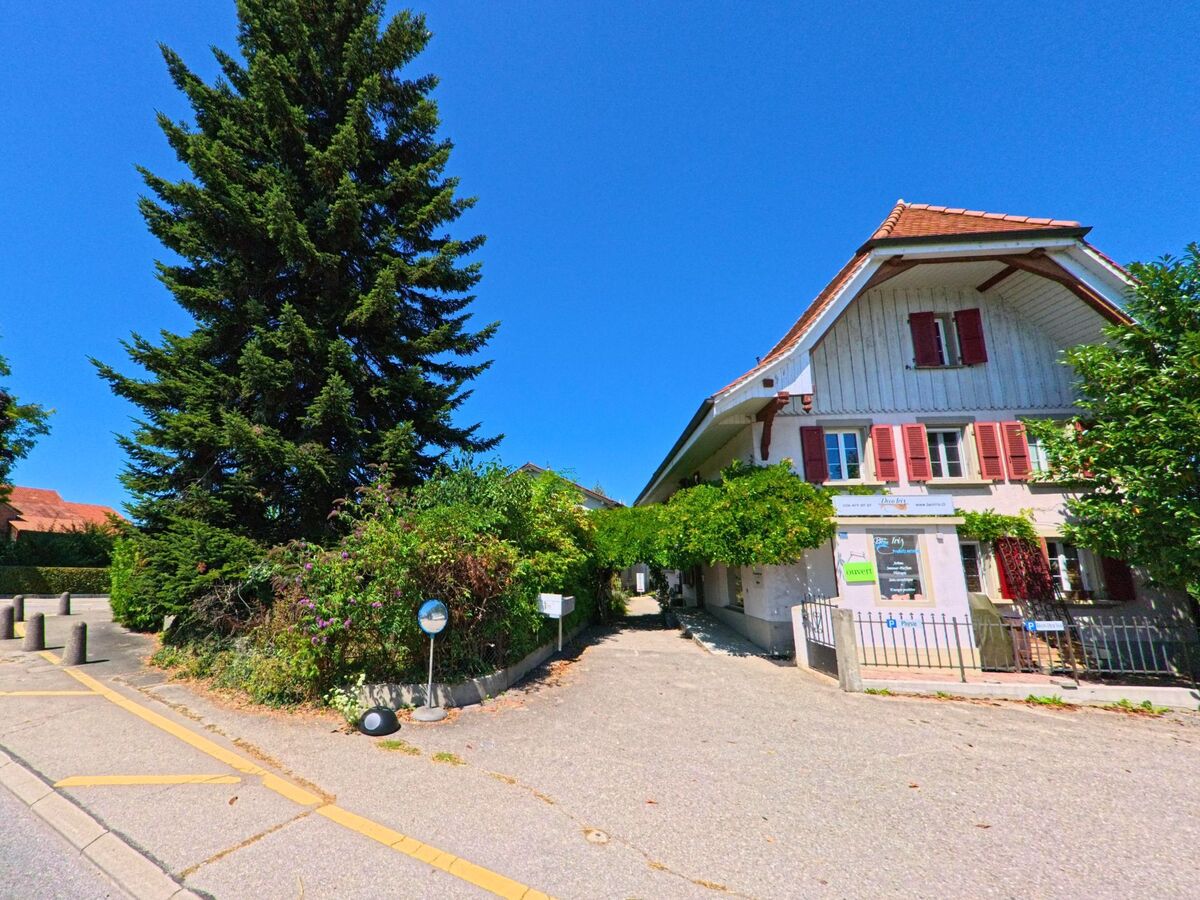 Vor einem grossen Nadelbaum steht in Neyruz (1740, Kanton Freiburg) ein zweistöckiges Haus mit roten Fensterläden und beschatteter Eingangspassage.