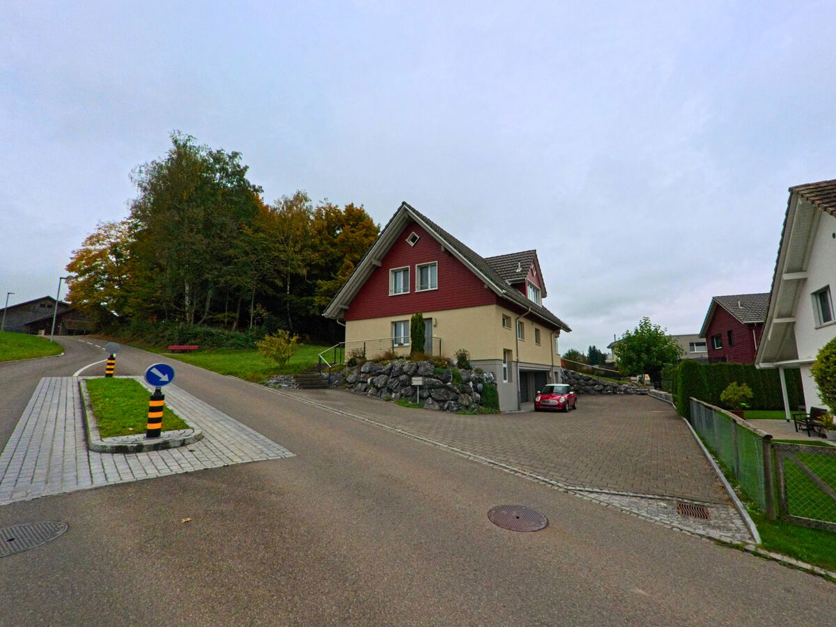 Eine kleine Quartierstrasse mit Einfamilienhaeusern fuehrt durch Niederbueren (9246, Kanton St. Gallen).