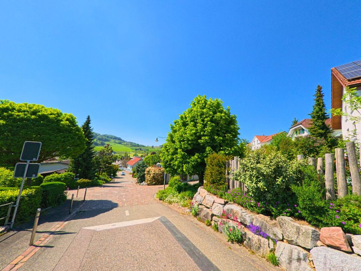 Eine verkehrsberuhigte Strasse mit Pflasterbelag führt in Niederdorf (4435, Kanton Baselland) zwischen blühenden Vorgärten und Bäumen sanft bergab in Richtung Hügellandschaft.