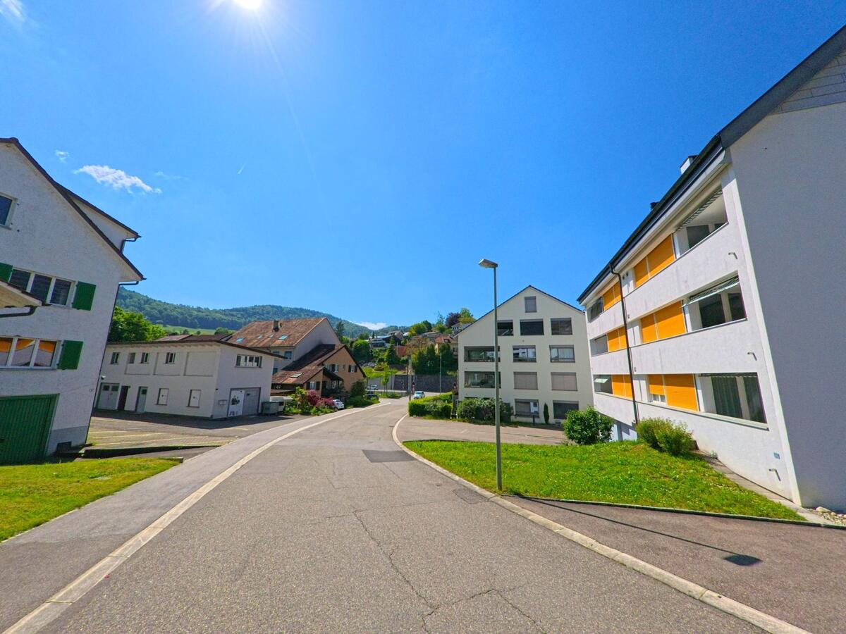 Zwischen neueren Wohnhäusern mit farbigen Fensterläden verläuft in Niederdorf (4435, Kanton Baselland) eine leicht geschwungene Strasse in Richtung bewaldeter Hügel.