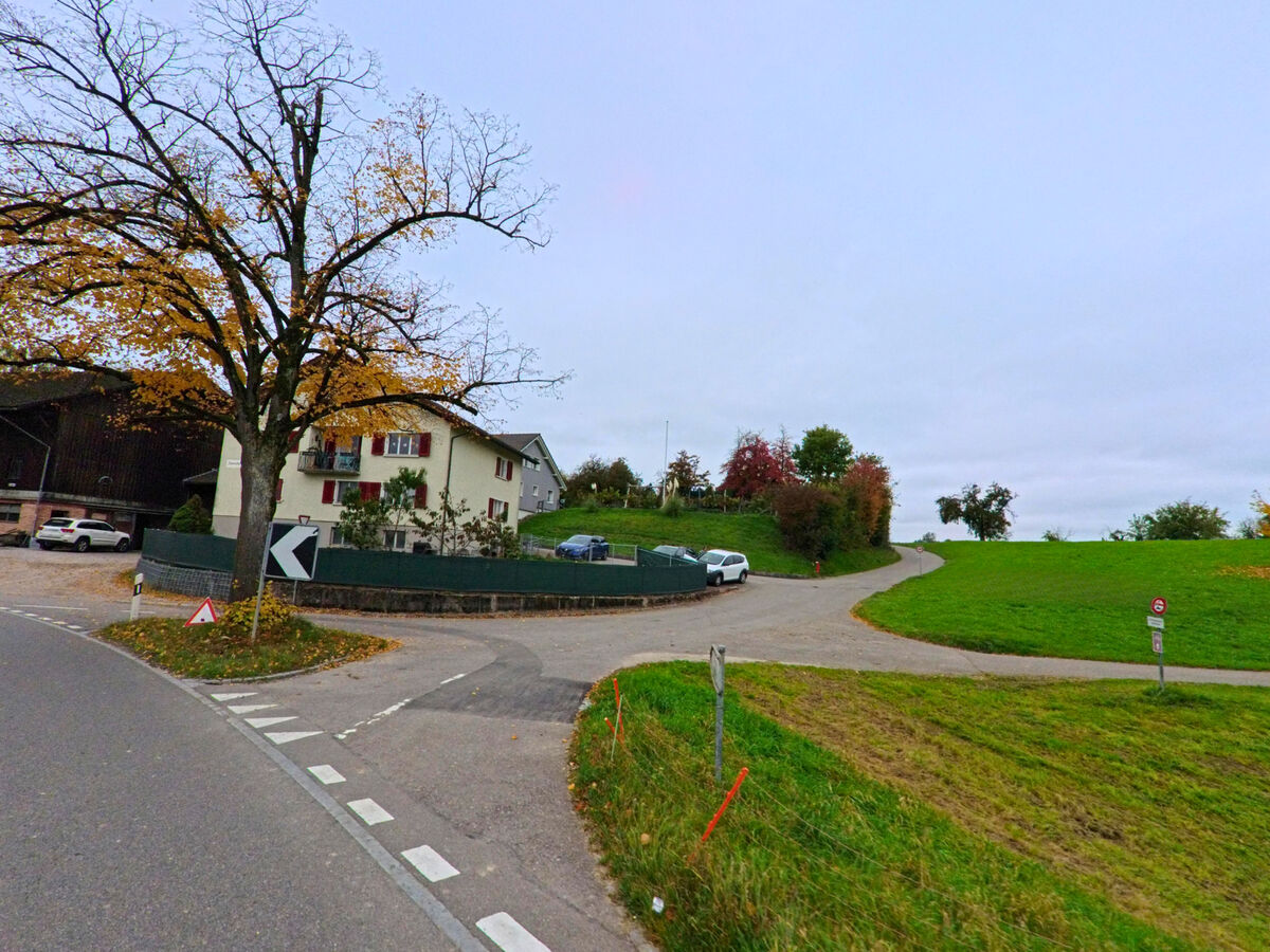 Eine Weggabelung mit Gruenflaechen fuehrt durch das Wohngebiet von Niederhelfenschwil (9527, Kanton St. Gallen).