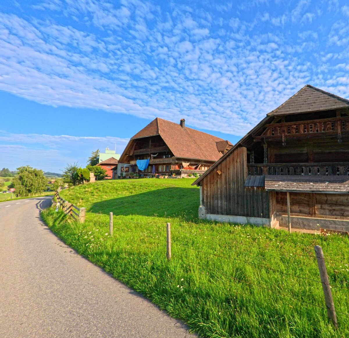 Zwei traditionelle Bauernhaeuser mit grossen Walmdach stehen in Niedermuhlern (3087, Kanton Bern) leicht erhoeht neben einer Landstrasse.