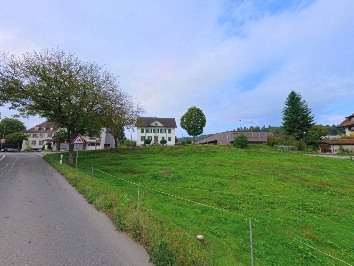 In Niederwil (5524, Kanton Aargau) verlaeuft eine schmale Strasse entlang einer gruene Wiese mit einzelnen Wohnhaeusern und einem Schulwegschild.