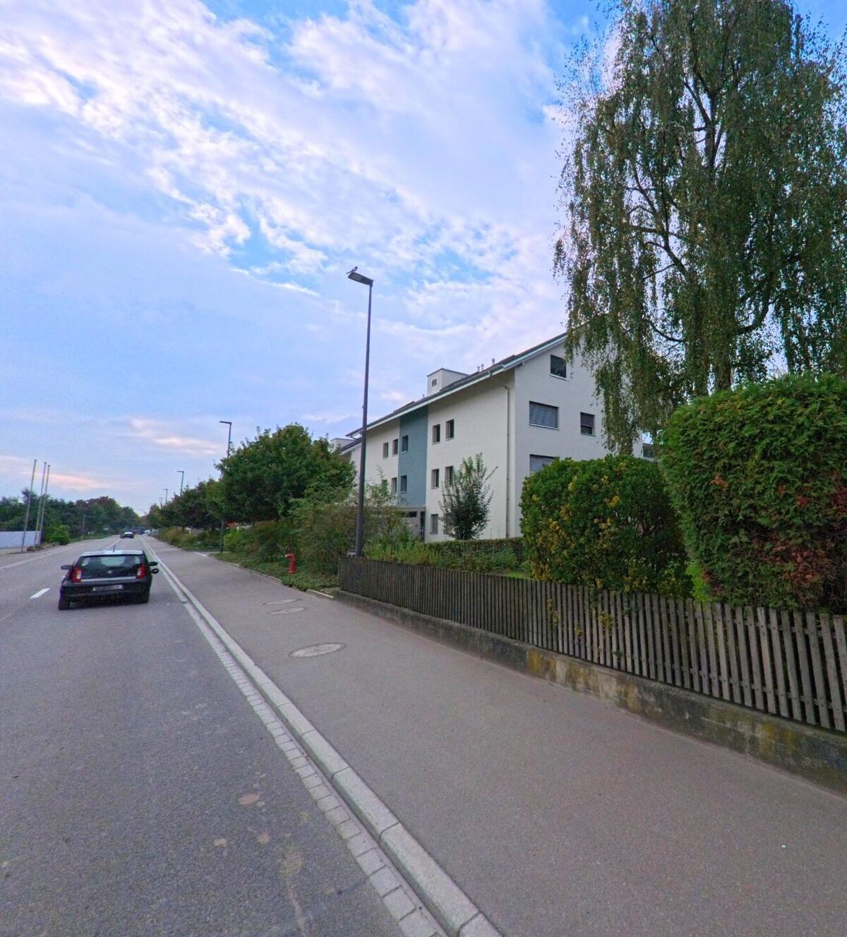 Eine gerade Strasse mit modernen Wohnhaeusern und Baeumen fuehrt durch Niederwil (5524, Kanton Aargau) in Richtung Ortsausgang.