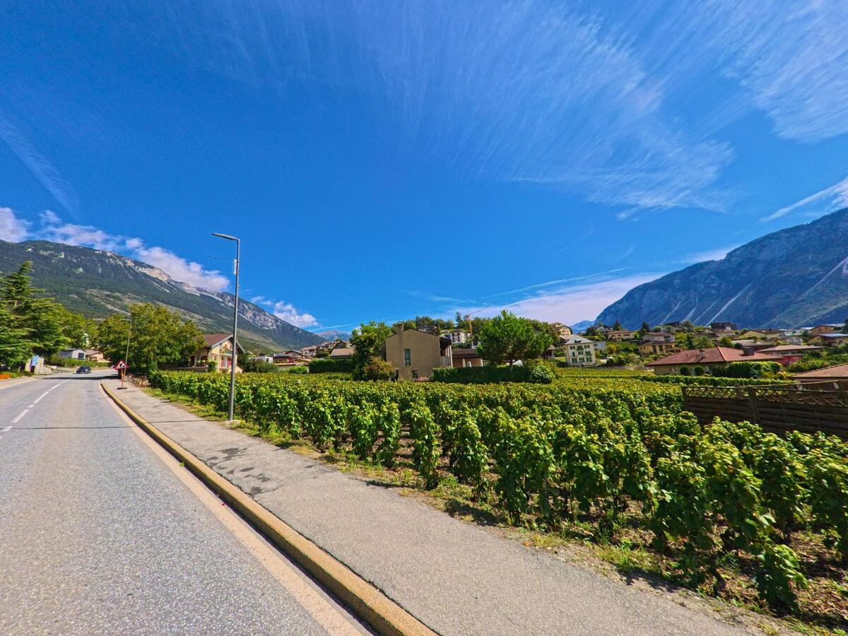 Entlang der Strasse in Noble-Contrée (3972, Kanton Wallis) erstrecken sich gepflegte Rebzeilen mit Blick auf die umliegenden Berge.