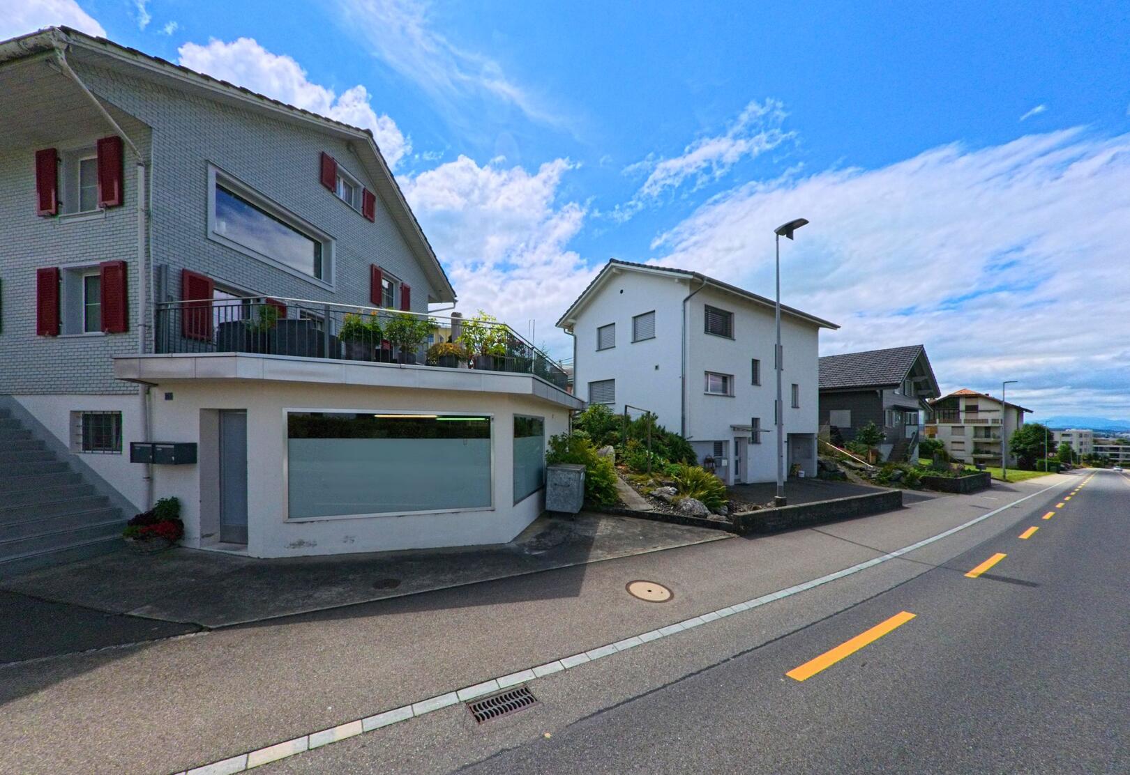 In Nottwil (6207, Kanton Luzern) stehen moderne Einfamilienhaeuser entlang einer leicht abschuessigen Strasse mit klar markierter Fahrbahn.