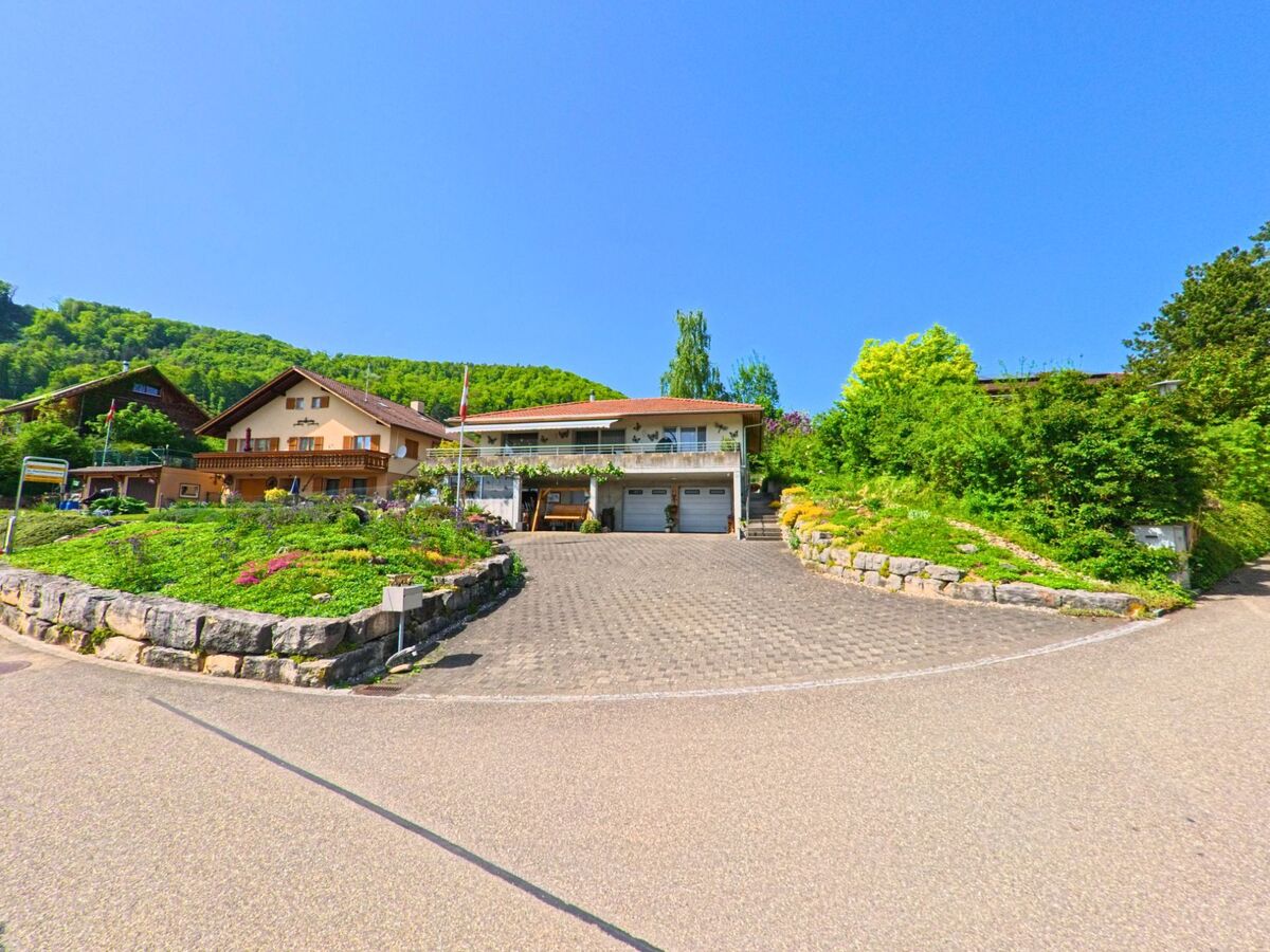 Vor bewaldeten Huegeln liegen in Nuglar-St. Pantaleon (4412, Kanton Solothurn) mehrere Wohnhaeuser mit grossen Vorplaetzen und gepflegten Gaerten.