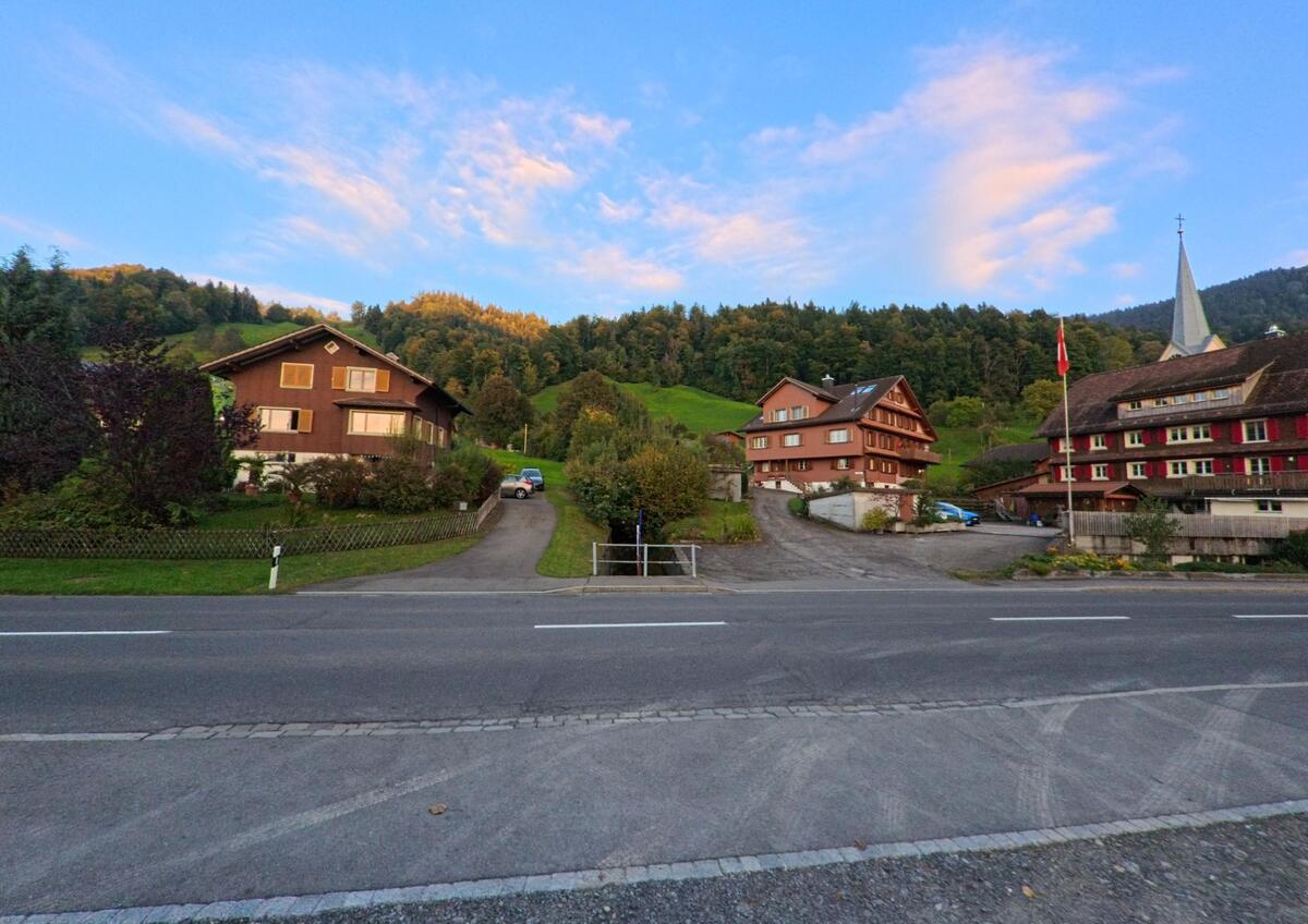 Vor bewaldeten Haengen in Oberaegeri (6315, Kanton Zug) stehen mehrere traditionelle Holzhäuser, deren Zufahrtswege zwischen Gaerten und Wiesen verlaufen.