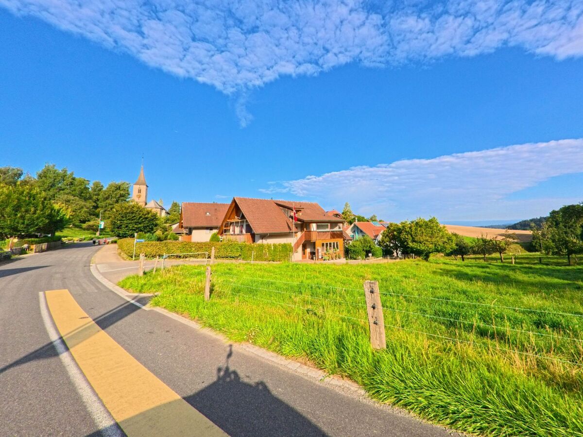 Blick auf Wohnhäuser und die Kirche von Oberbalm (3096, Kanton Bern) entlang einer leicht geschwungenen Strasse, flankiert von grünen Wiesen und Obstbäumen.