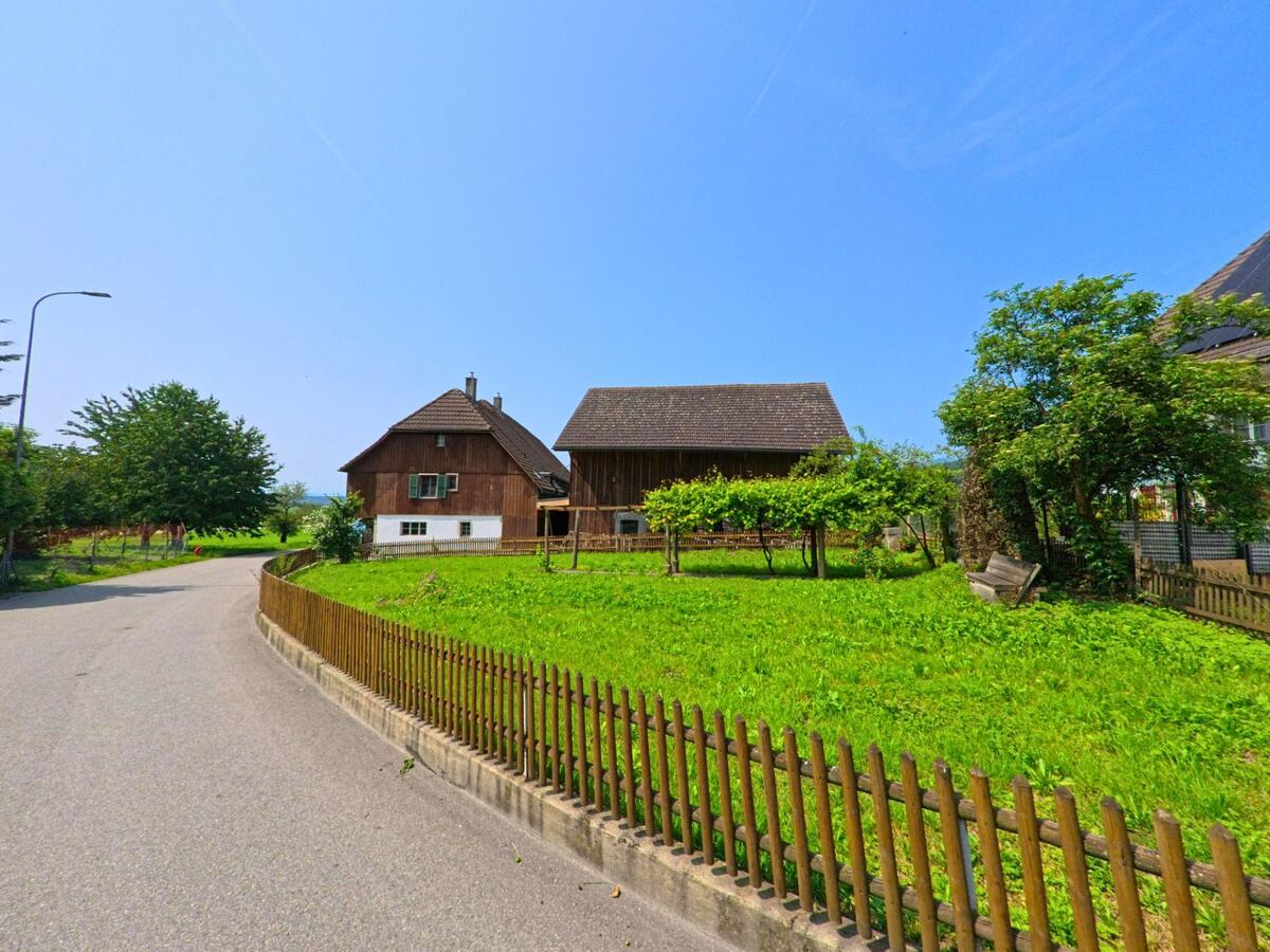 In Oberbipp (4538, Kanton Bern) verläuft eine schmale Strasse an einem eingezäunten Garten mit traditionellen Holzgebäuden und junger Rebenbepflanzung vorbei.