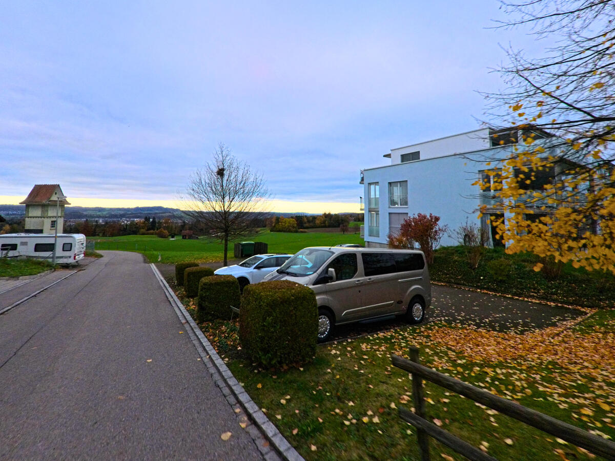 Entlang einer Quartierstrasse stehen parkierte Fahrzeuge neben Hecken in Oberuzwil (9248, Kanton St. Gallen).