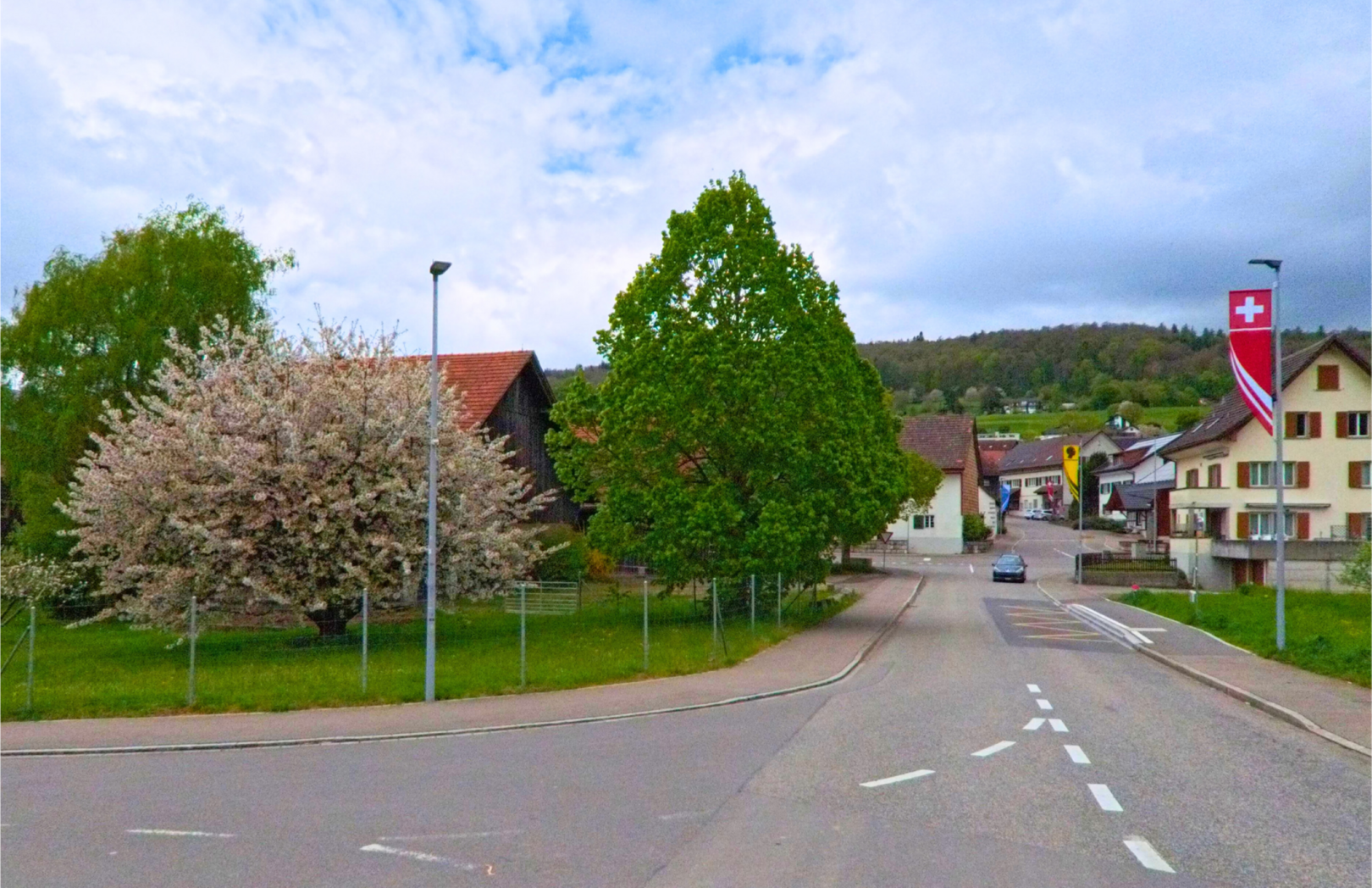 In Oberweningen, PLZ 8165 im Kanton Zürich, führt eine Hauptstrasse mit Schweizer Fahnen vorbei an blühenden Bäumen und typischen Wohnhäusern ins Dorfzentrum.