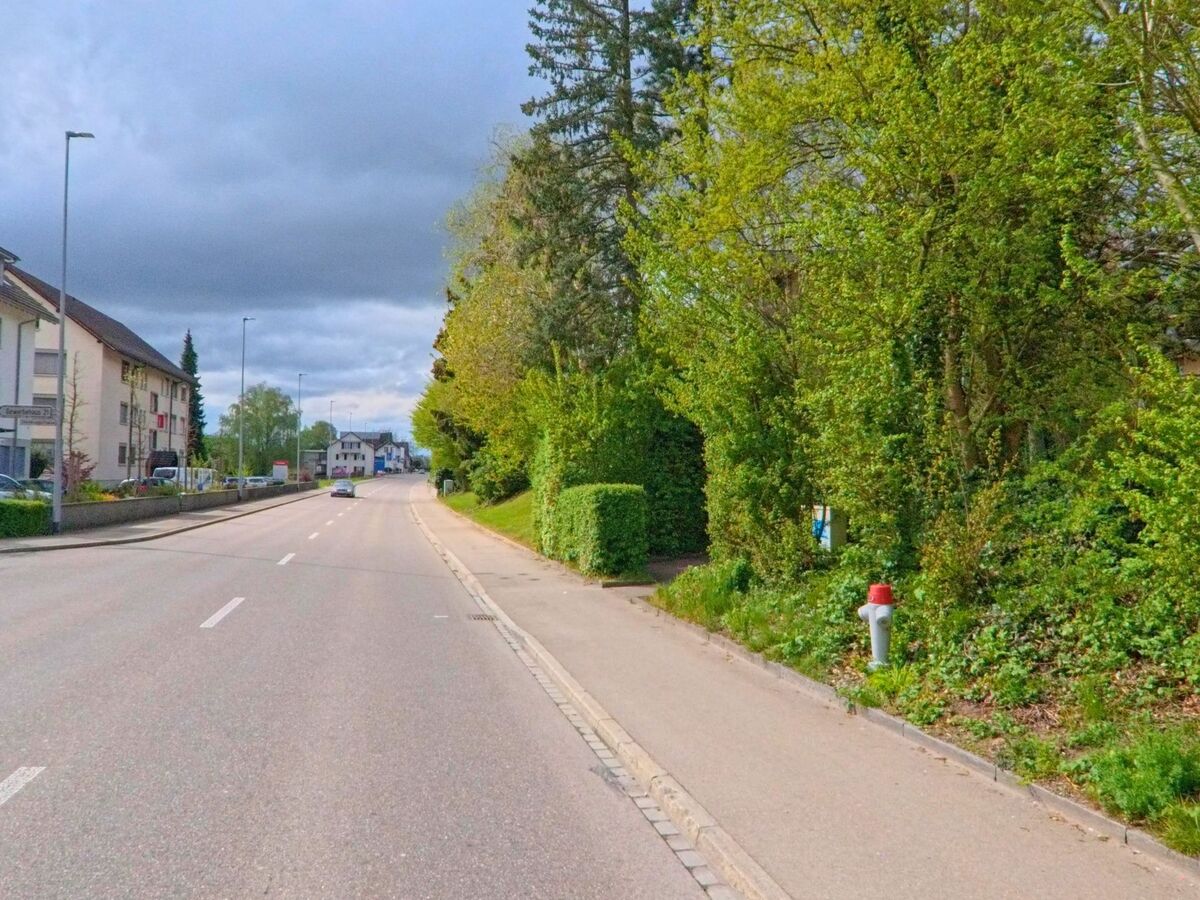 In Oberweningen, PLZ 8165 im Kanton Zürich, verläuft eine Hauptstrasse zwischen Wohnhäusern und dicht bewachsenen Grünflächen mit einem Hydranten am Strassenrand.