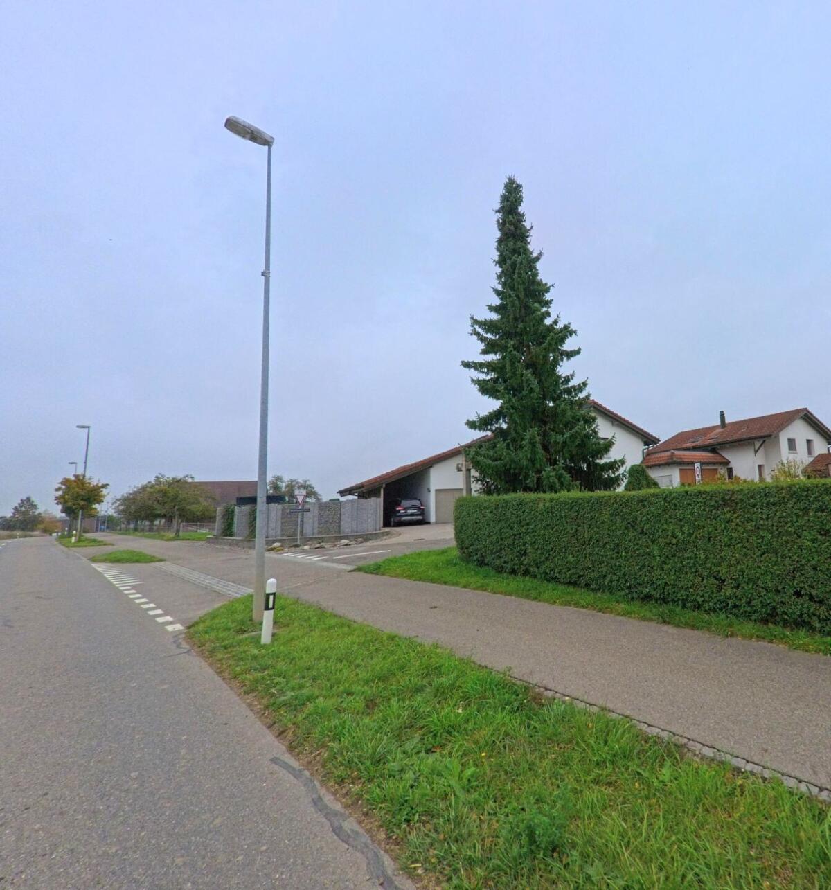 Ein Einfamilienhaus mit grosser Tanne und gepflegter Hecke steht an einer Wohnstrasse in Oberwil-Lieli (8966, Kanton Aargau).