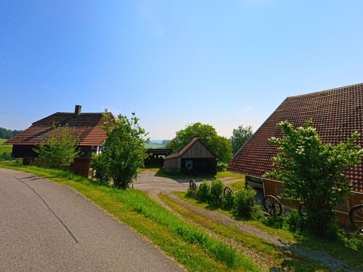 In Ochlenberg (3367, Kanton Bern) stehen mehrere Bauernhäuser mit roten Ziegeldächern entlang einer schmalen Strasse unter strahlender Morgensonne.