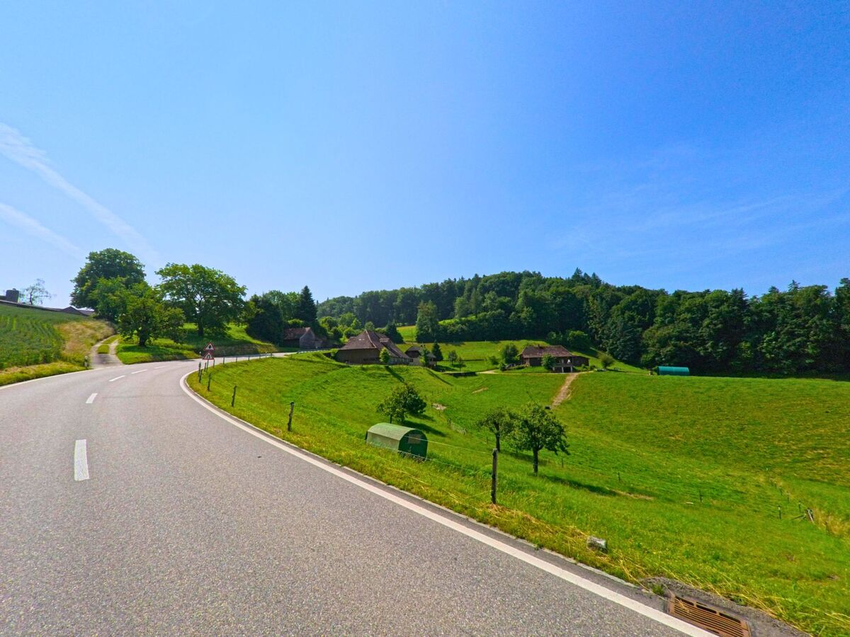 In Ochlenberg (3367, Kanton Bern) schlängelt sich eine Landstrasse durch eine sanfte Hügellandschaft mit verstreuten Bauernhäusern und Waldrand im Hintergrund.