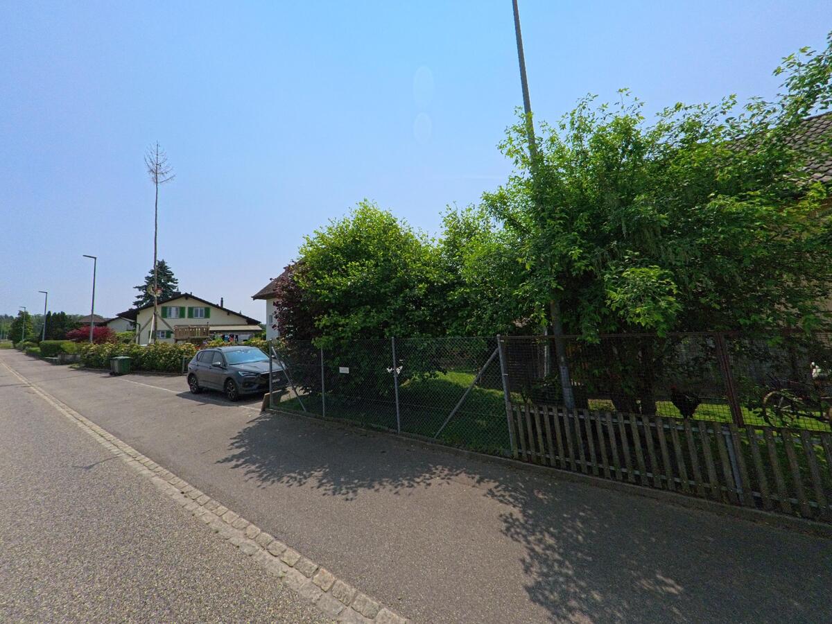 Entlang einer ruhigen Wohnstrasse in Oekingen (4566, Kanton Solothurn) liegen eingezäunte Gärten mit dichten Bäumen, gepflegten Hecken und freistehenden Wohnhäusern.