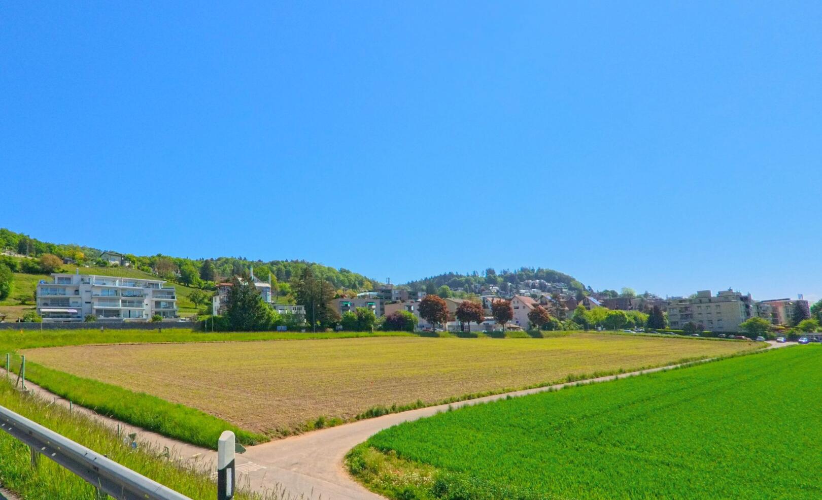 In Oetwil an der Limmat im Kanton Zürich, PLZ 8955, erstreckt sich ein Feldweg entlang von grünen Äckern mit Blick auf die an einem Hang gelegene Wohnsiedlung.