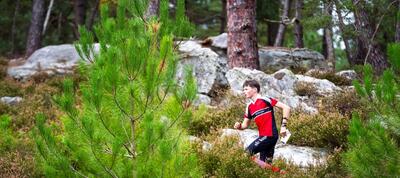 Zwischen Felsen, Heidevegetation und dichtem Wald bewegt sich eine Person beim Orientierungslauf in Dietlikon (8305, Kanton Zürich) konzentriert durch das Gelände, während sie eine Karte in der Hand hält und den natürlichen Parcours durchläuft.