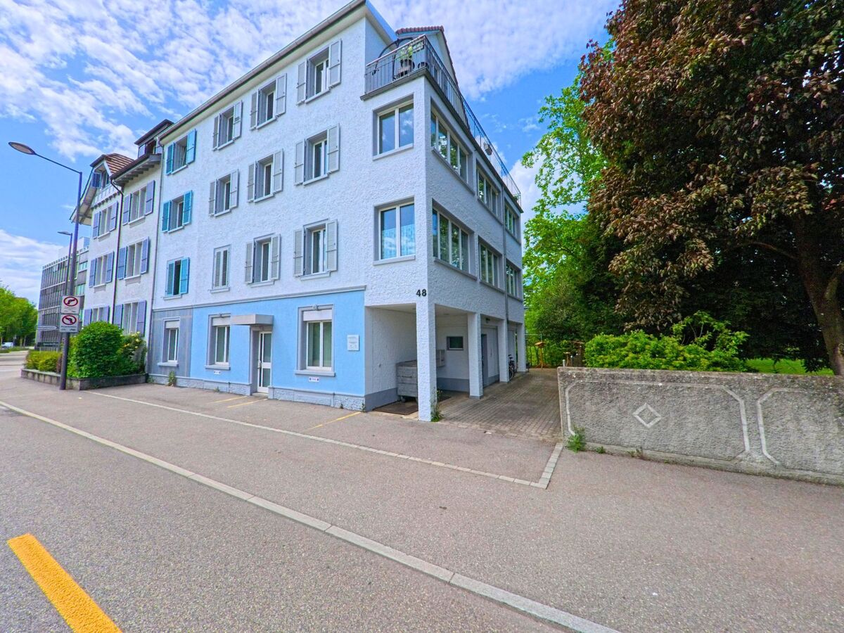In Olten (4600, Kanton Solothurn) reiht sich ein hell gestrichenes Mehrfamilienhaus an eine ruhige Strasse mit angrenzender Gruenflaeche und altem Baumbestand.