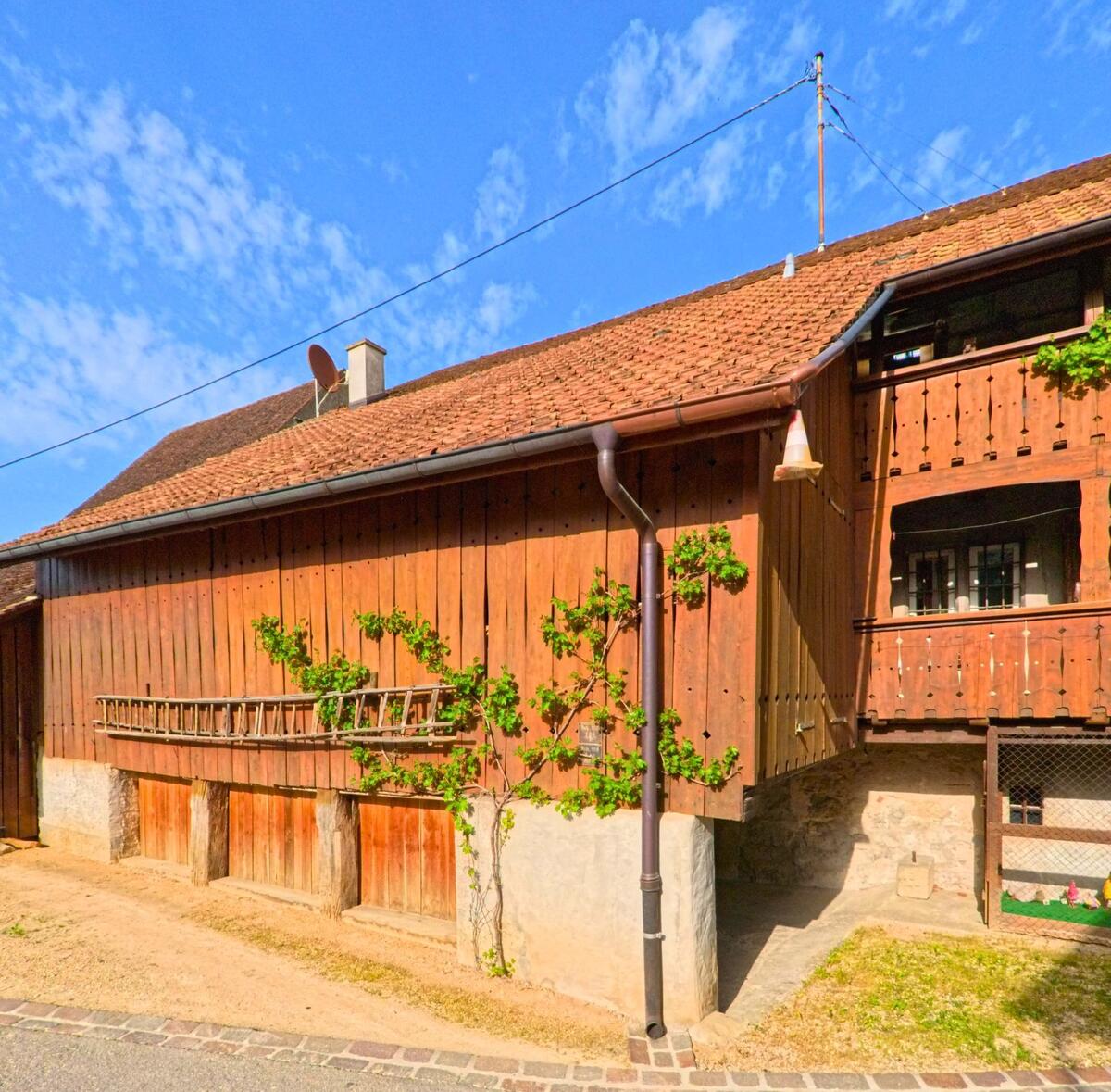 In Oltingen (4494, Kanton Baselland) steht ein traditionelles Gebäude mit Holzfassade und Balkon entlang einer leicht ansteigenden Strasse.