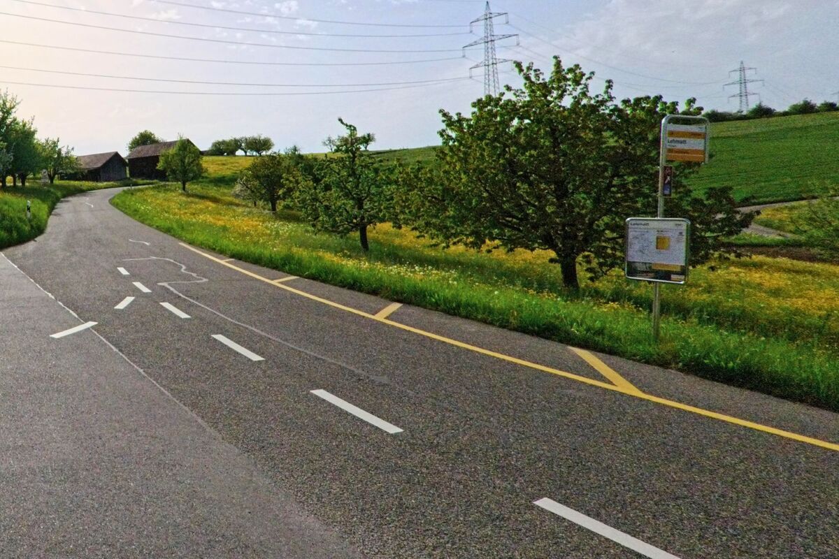 Am Ortsrand von Oltingen (4494, Kanton Baselland) zweigt eine Landstrasse zwischen Obstbäumen und Wiesen ab, während die Sonne tief am Himmel steht.
