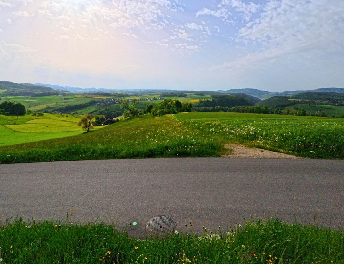 Über die sanften Hügel von Oltingen (4494, Kanton Baselland) erstreckt sich der Blick bei tief stehender Sonne über eine weite, grüne Landschaft mit fernen Höhenzügen.