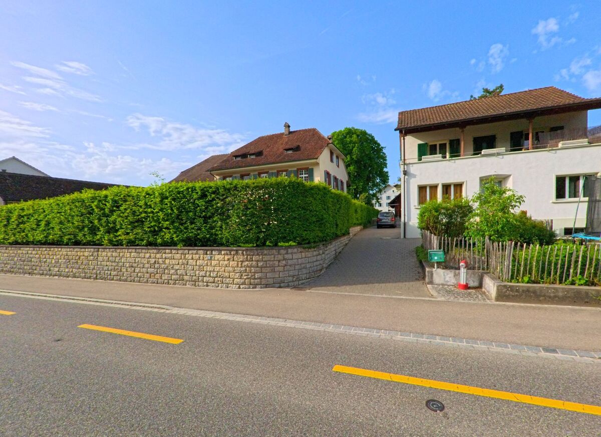 In Ormalingen (PLZ 4466, Kanton Baselland) verlaufen Einfahrten zu zwei gepflegten Wohnhäusern mit hohen Hecken entlang einer Hauptstrasse mit Trottoir.