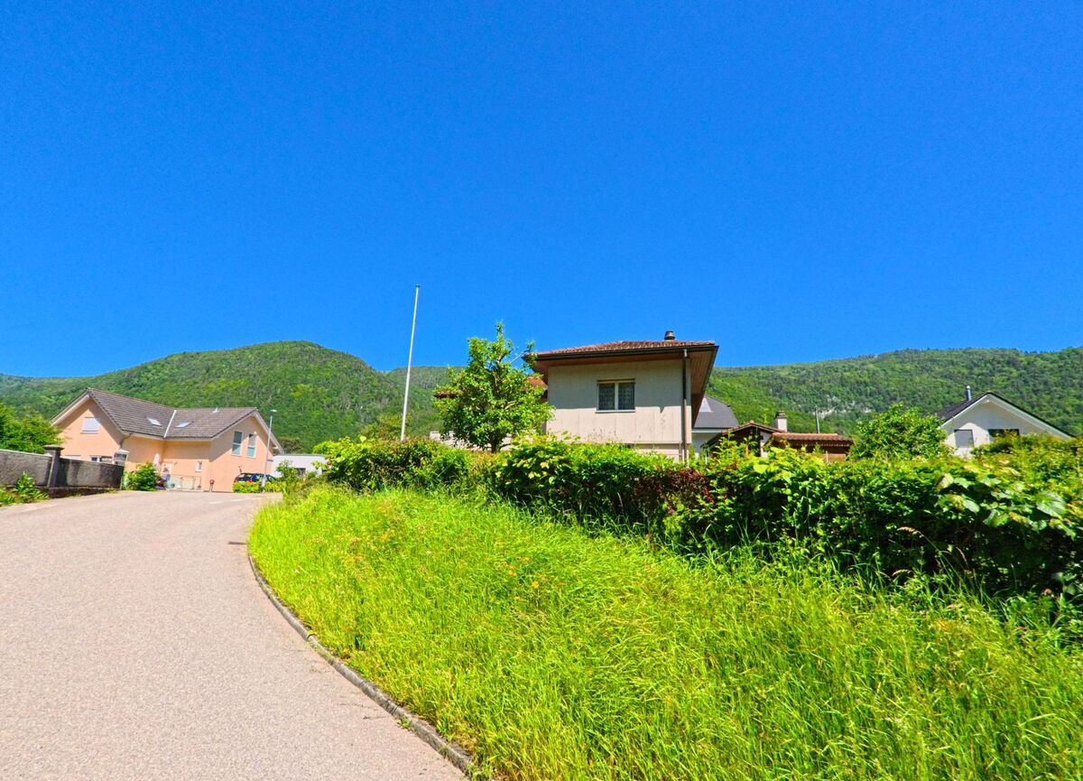 In Péry-La Heutte (2603, Kanton Bern) schlängelt sich eine Anliegerstraße mit Einfamilienhäusern den begrünten Hang hinauf, umgeben von üppiger Natur.