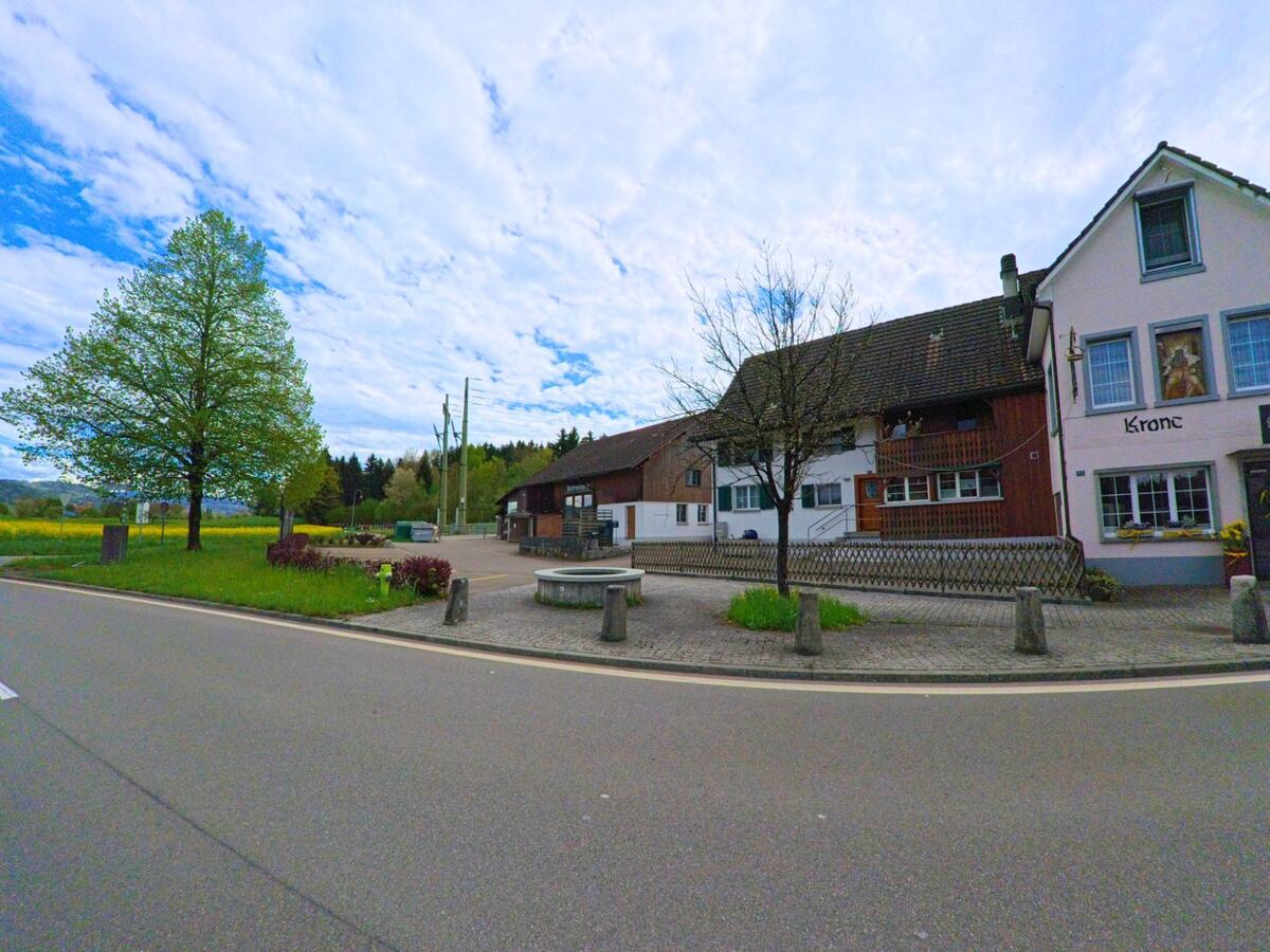 Am Rand von Pfäffikon im Kanton Zürich mit der PLZ 8330 liegt ein traditionelles Gasthaus mit Holzfassade gegenüber einer kleinen Verkehrsinsel mit Bäumen und Sitzgelegenheit.