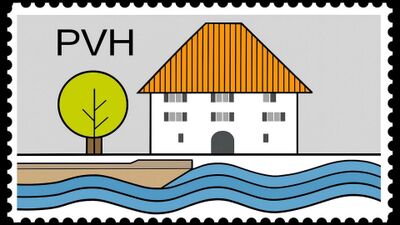 Das Logo des Philatelistenvereins Horgen (Kanton Zürich) zeigt ein stilisiertes Gebäude mit orangefarbenem Dach, Baum und Wasserwellen sowie der Abkürzung PVH.