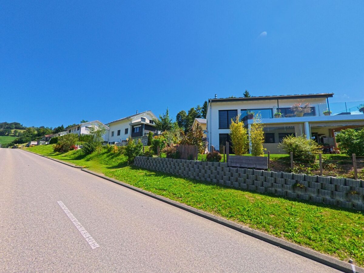 Entlang einer ansteigenden Strasse in Plasselb (1737, Kanton Freiburg) stehen moderne Einfamilienhaeuser mit gepflegten Gaerten und Balkonen unter klarem, blauem Himmel.