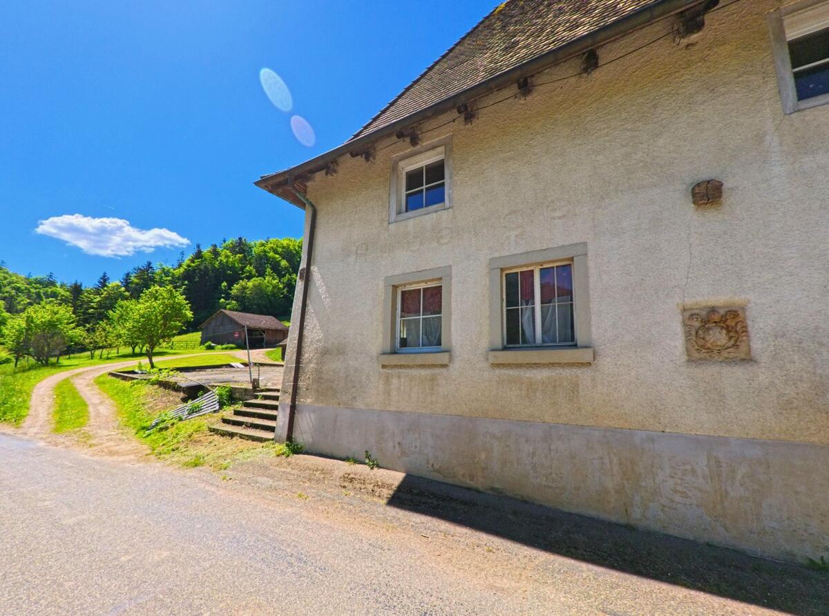In Pleigne (2807, Kanton Jura) steht ein historisches Gebaeude mit verziertem Fassadendetail an einem unbefestigten Weg, der durch gruene Wiesen und Baumgruppen fuehrt.