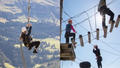 Auf dem Erlebnisberg Pradaschier in Churwalden (7075, Kanton Graubünden) geniessen Besucher Abenteuer im Seilpark und auf der Zipline mit Blick über die umliegenden Berge.