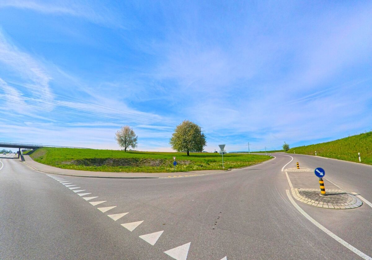 In der Gemeinde Rafz im Kanton Zürich, PLZ 8197, verzweigt sich eine Landstrasse zwischen grünen Feldern und einzelnen Bäumen unter freiem Himmel.