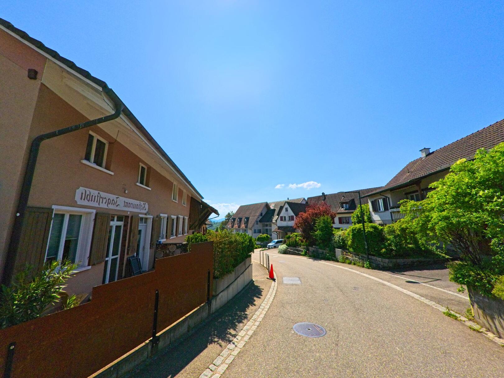 In Ramlinsburg (4433, Kanton Baselland) führt eine ruhige Strasse an modernen Wohnhäusern entlang, mit grünen Hecken und Bäumen, und einem klaren blauen Himmel im Hintergrund.